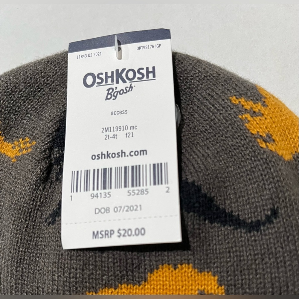 OshKosh B'gosh NWT Reversible Knit Beanie - Gray & Orange Dinosaurs SIZE 2T-4T - Picture 5 of 8